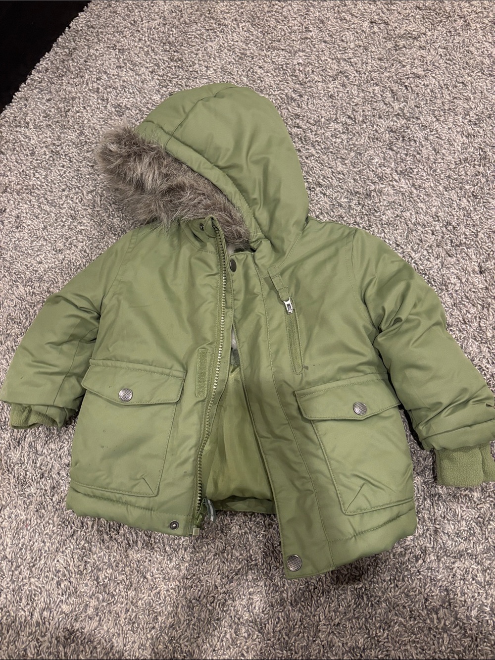Cat & Jack Olive Green Puffer Jacket with Faux-Fur Trim